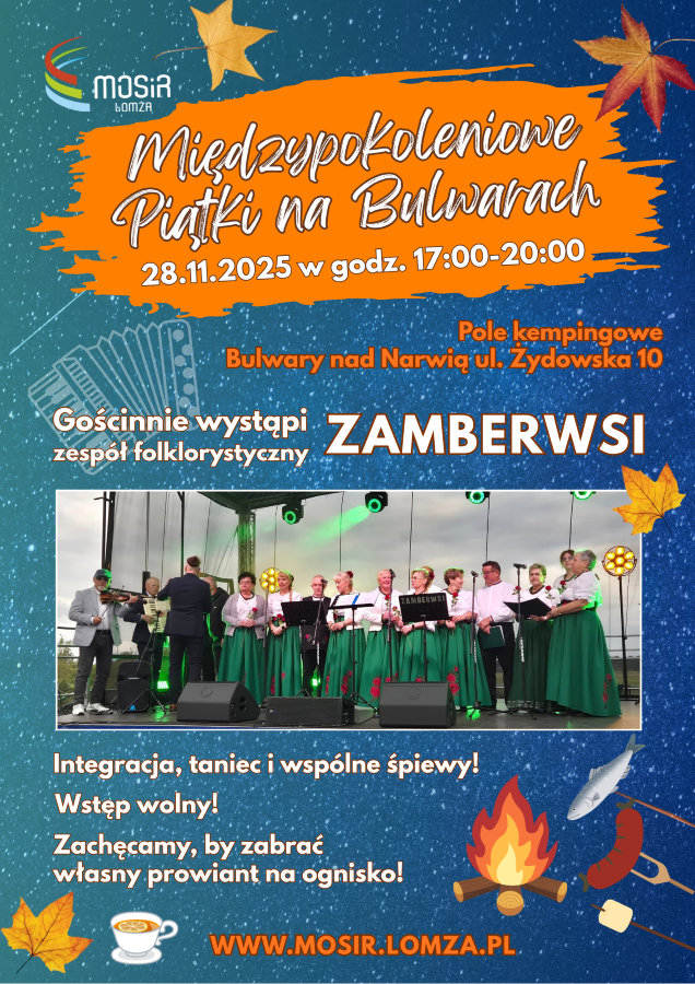 zdjęcie zespołu Zamberwsi, plakat zachęcający do udziału w międzypokoleniowym piątku na bulwarach, grafika akordeon, ognisko, kiełbaska, liście